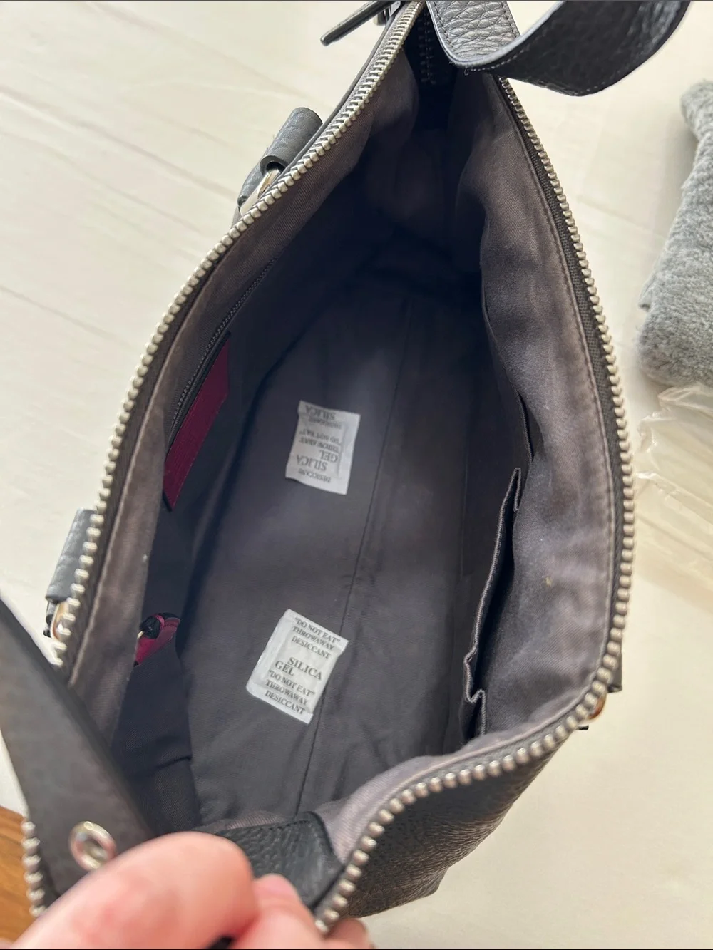 COACH Charcoal Grey Pebbled Leather Satchel with Pink Trim